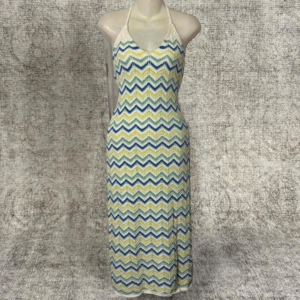 Blue White Chevron Halter Maxi Dress M